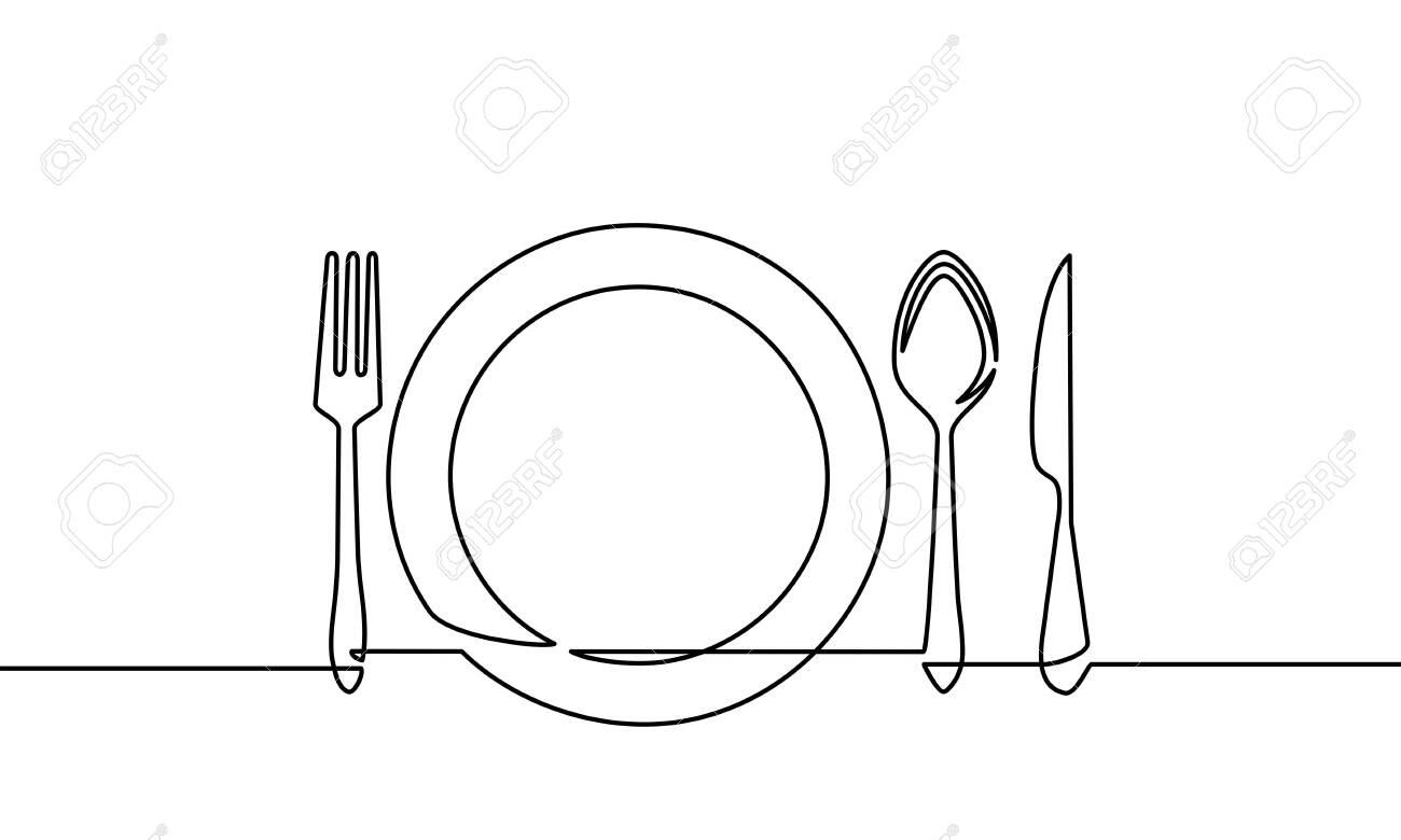 Continuous line drawing of tableware. fork and spoon, knife plates and all eating and cooking utensils, can be used for restaurant logos, cakes, business cards, banners and others. vector illustration - 150122749 Continuous line drawing of tableware. fork and spoon, knife plates and all eating and cooking utensils, can be used for restaurant logos, cakes, business cards, banners and others. vector illustration - 150122749