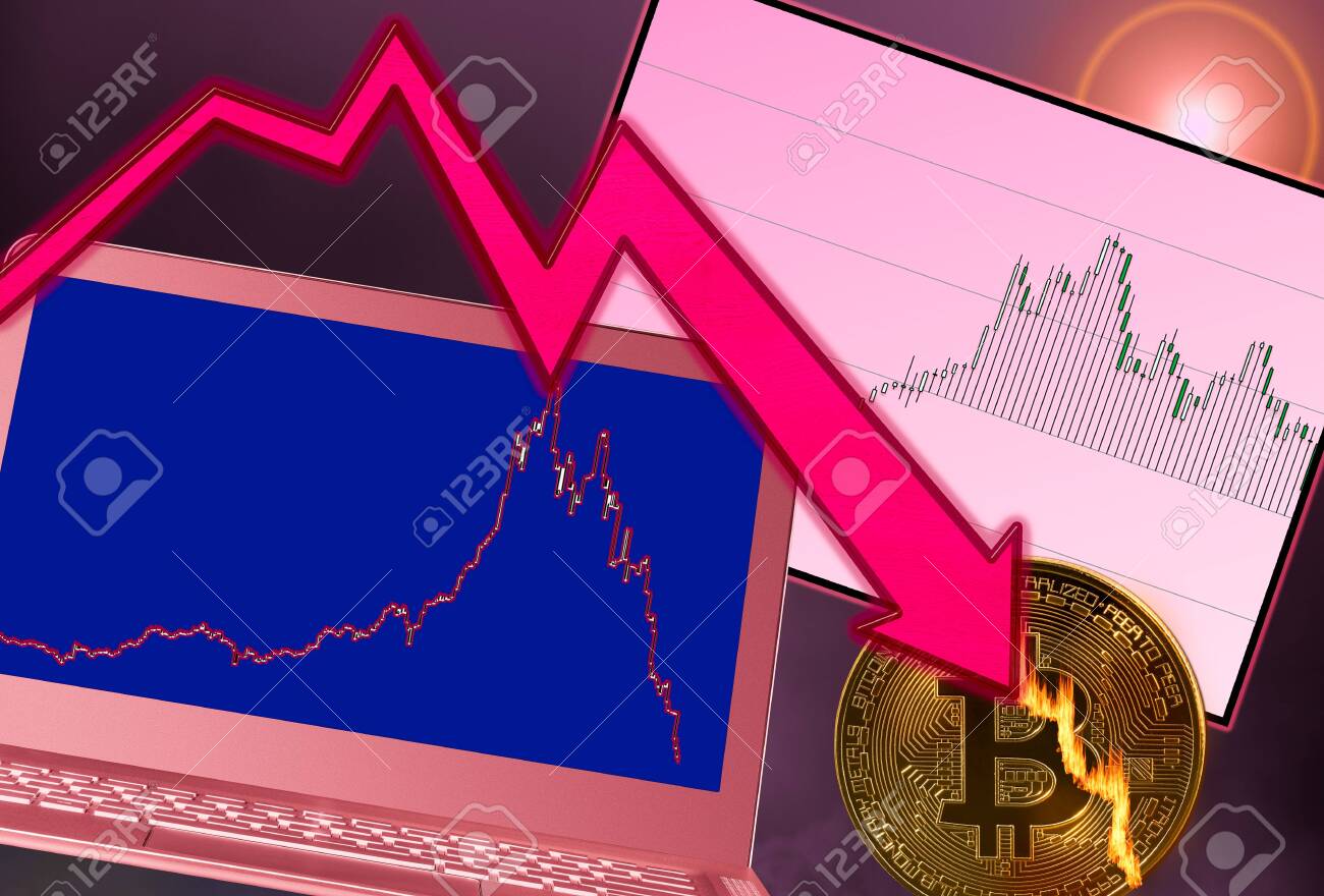 가격 폭락이 발생하면서 비트코인이나 사이버 화폐가 불타오르는 개념. 노트북은 떨어지는 가격 그래프를 보여줍니다 로열티 무료 사진,  그림, 이미지 그리고 스톡포토그래피. Image 129209388