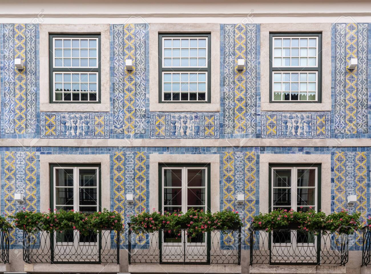 A close-up shot of beautifully restored, intricate Portuguese azulejo tiles from the Casagrand Lisboa project.