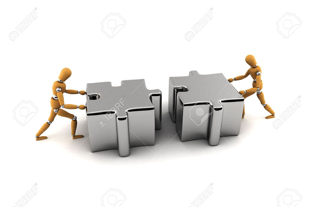 Two wooden mannequins pushing puzzle pieces together - 3830151 Two wooden mannequins pushing puzzle pieces together - 3830151