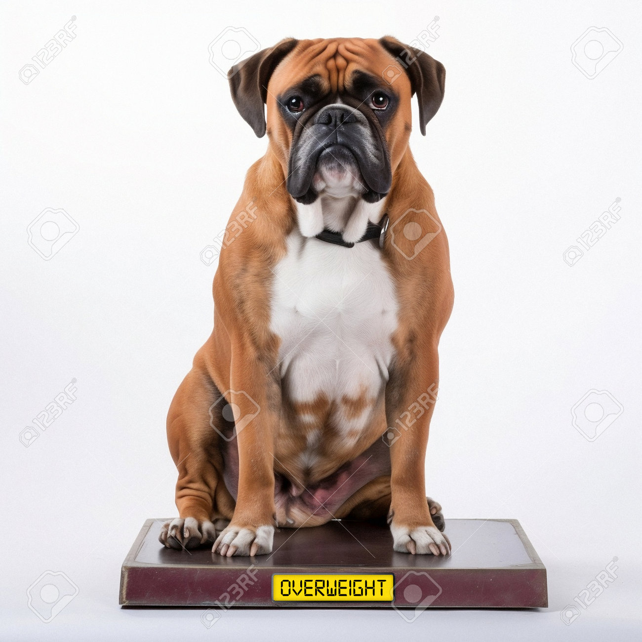 Fat Boxer Sitting On A Scale With A Display Showing OVERWEIGHT On It. Stock  Photo, Picture and Royalty Free Image. Image 208989244.