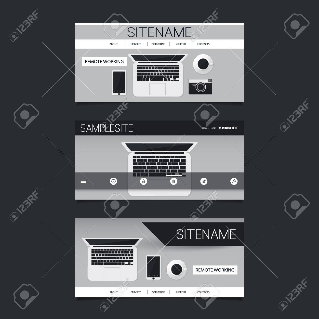 Web デザインの要素 ヘッダー デザインを抽象的なシルバー グレーのモダンなフラット スタイル技術 フリーランスの仕事のテーマ モバイル オフィス ノート Pc やデバイスを設定します のイラスト素材 ベクタ Image 5903