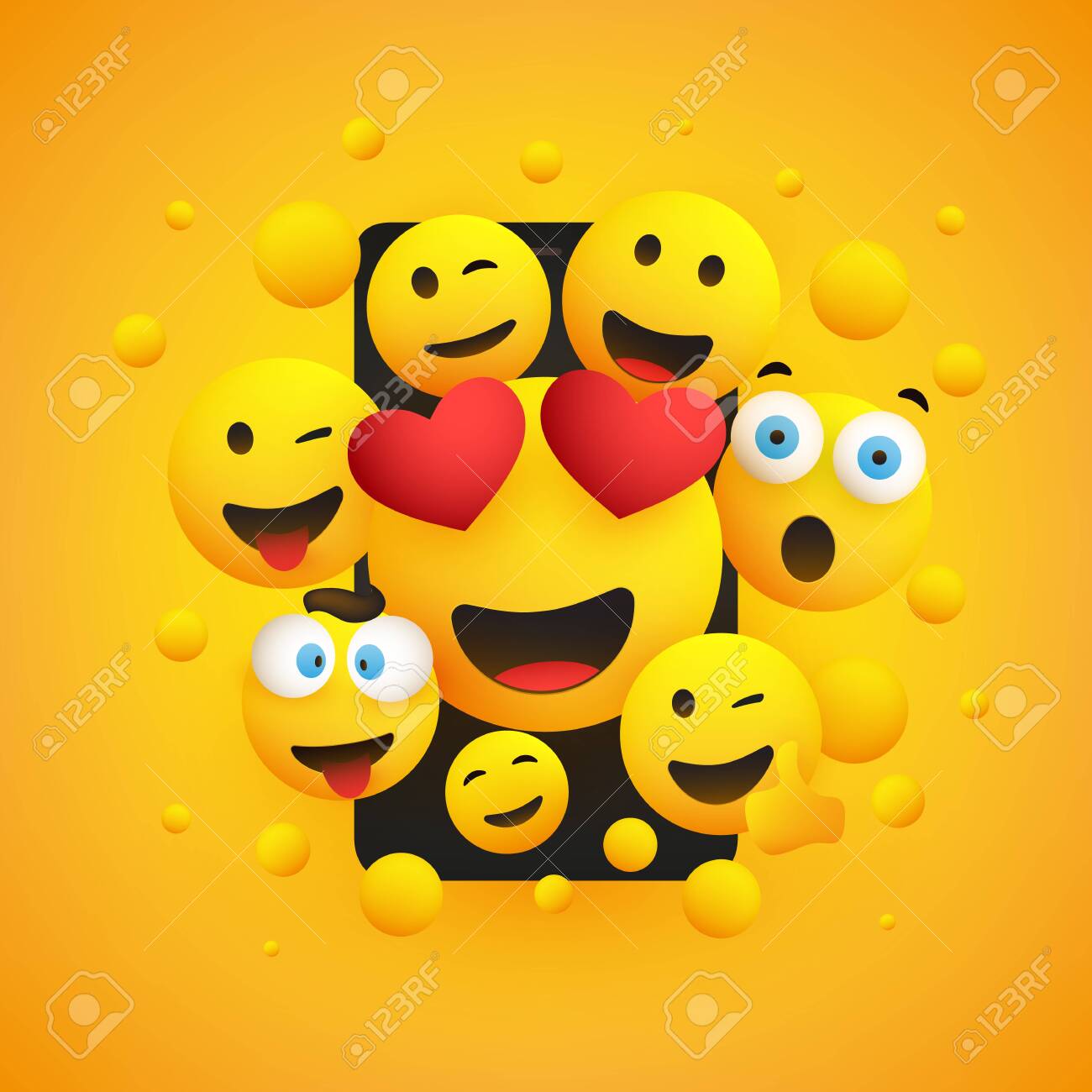 Various Smiling Happy Yellow Emoticons Design Group Of Funny People In Front Of A Smartphone Screen Vector Concept Illustration Royalty Free Cliparts Vectors And Stock Illustration Image 140984382