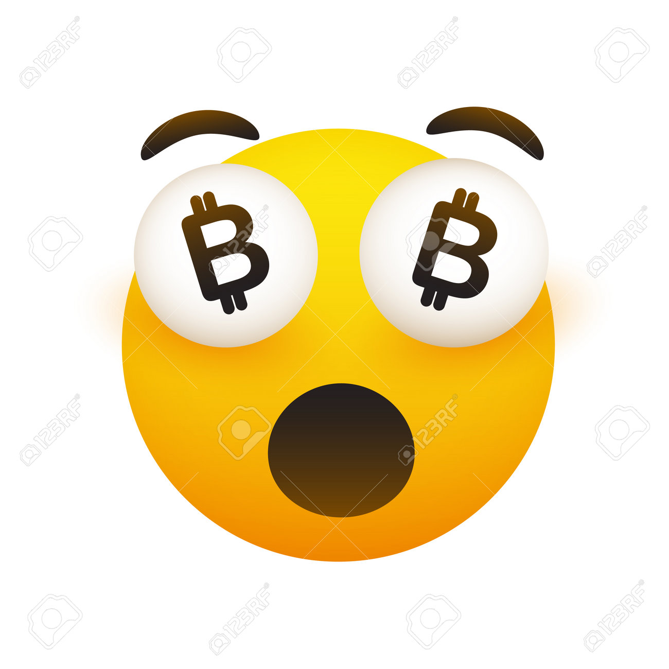 나는 부자가 되었습니다 - 입을 벌리고 눈이 튀어나오는 비트코인 기호가 있는 재미있는 웃는 이모티콘 - 흰색 배경에 격리된 단순한 행복  이모티콘 로열티 무료 사진, 그림, 이미지 그리고 스톡포토그래피. Image 192180740