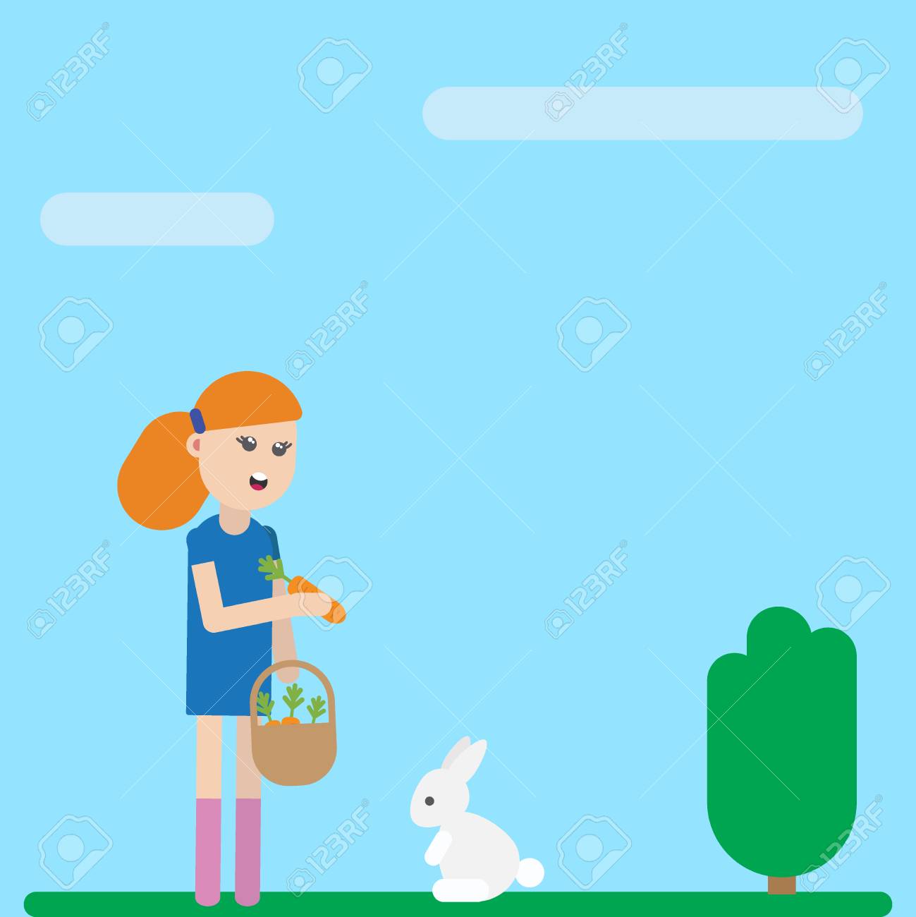 子供女の子のかわいい漫画のキャラクターは 飼いならされたペットの白ウサギを供給します ベクトル フラット アイコン イラストのイラスト素材 ベクタ Image 0808