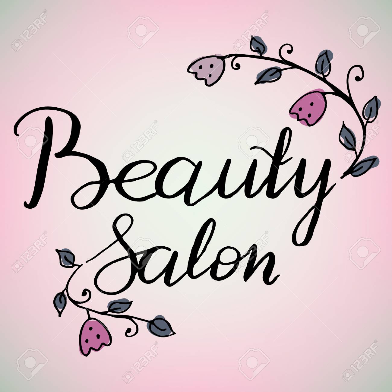 手書きのロゴビューティーサロンのデカール ラベル バッジやエンブレム ラベルから分離し 別々に使用することができ 塗装された花や植物で飾ら のイラスト素材 ベクタ Image 1916