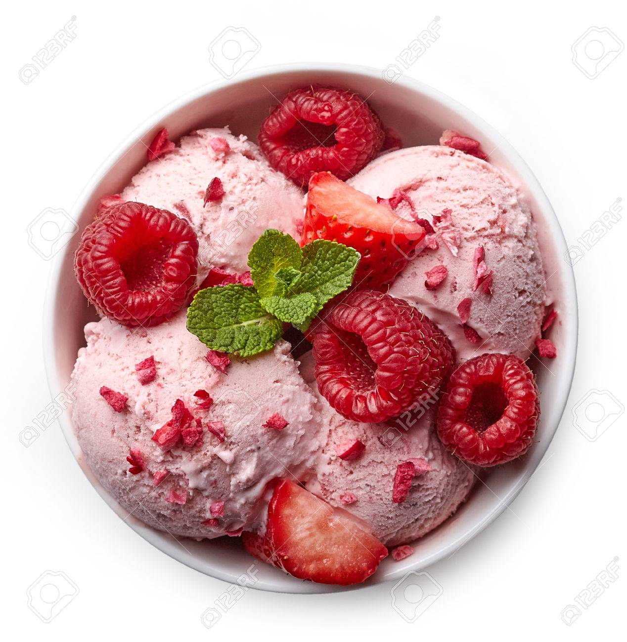 Bowl of pink strawberry ice cream and fresh berries isolated on white background. From top view - 72492795 Bowl of pink strawberry ice cream and fresh berries isolated on white background. From top view - 72492795