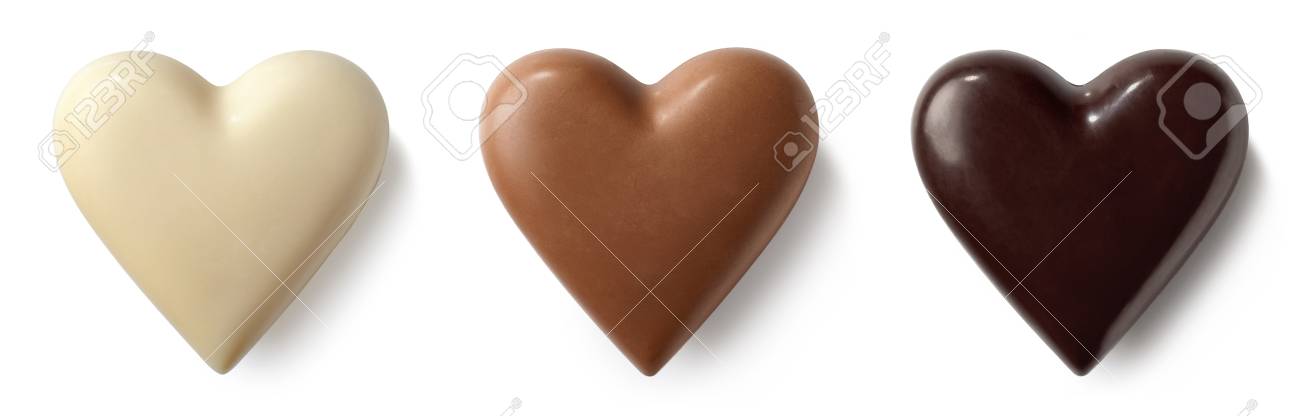 Three chocolate (milk, dark and white) hearts isolated on white background. Top view - 96570154 Three chocolate (milk, dark and white) hearts isolated on white background. Top view - 96570154