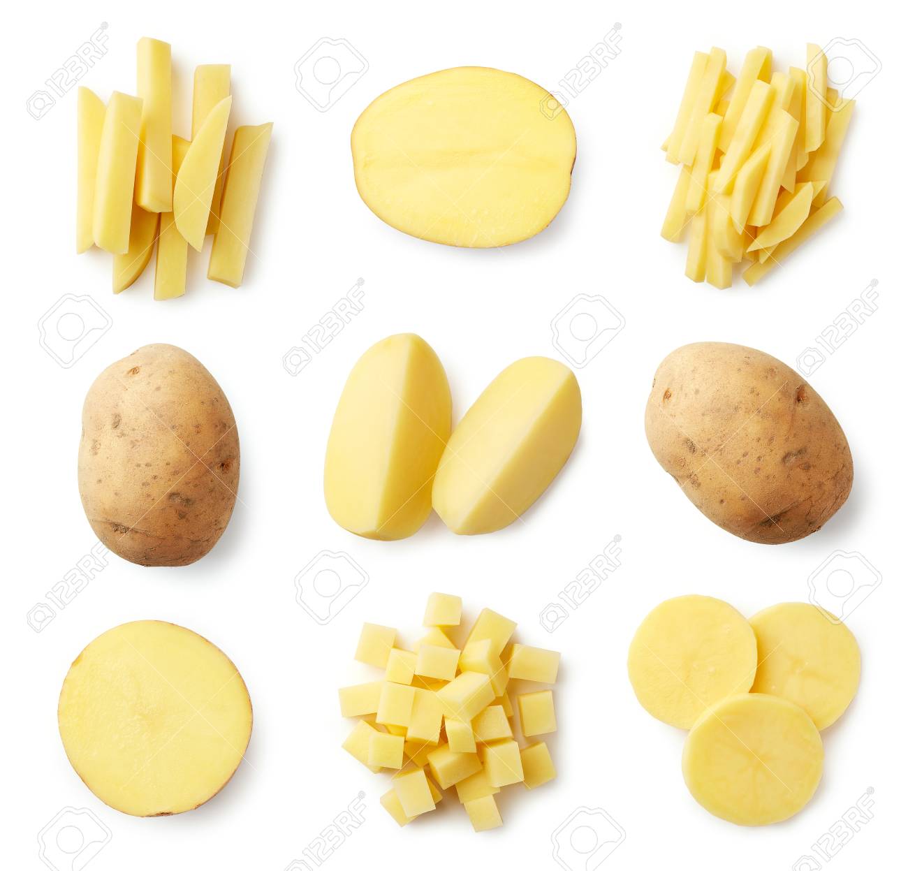 Set of fresh whole and sliced potatoes isolated on white background. Top view - 110914550 Set of fresh whole and sliced potatoes isolated on white background. Top view - 110914550