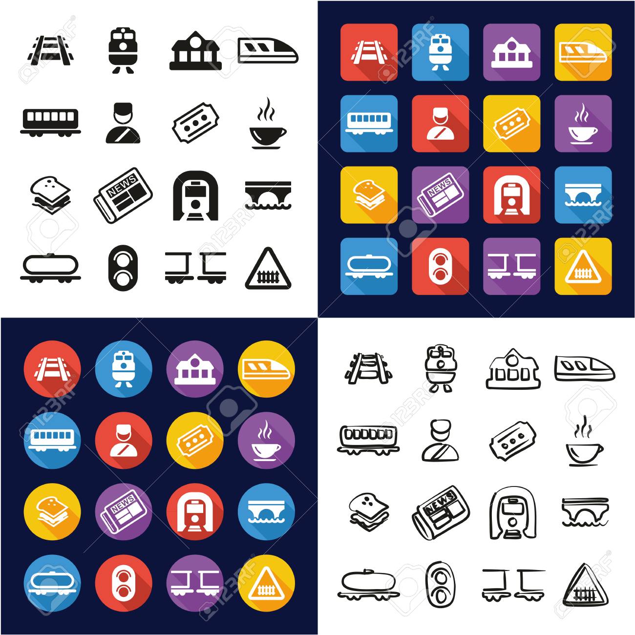 すべての1つのアイコンの鉄道ブラック ホワイトカラーフラットデザインフリーハンドセットのイラスト素材 ベクタ Image