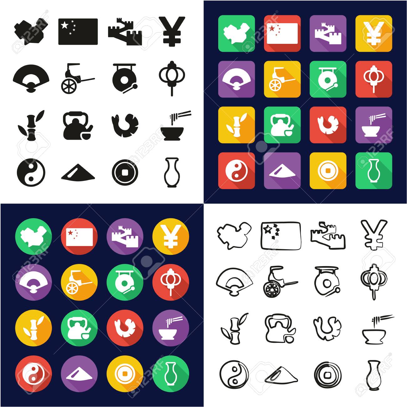 中国オールインワンアイコン ブラック ホワイトカラー フラットデザイン フリーハンドセット のイラスト素材 ベクタ Image