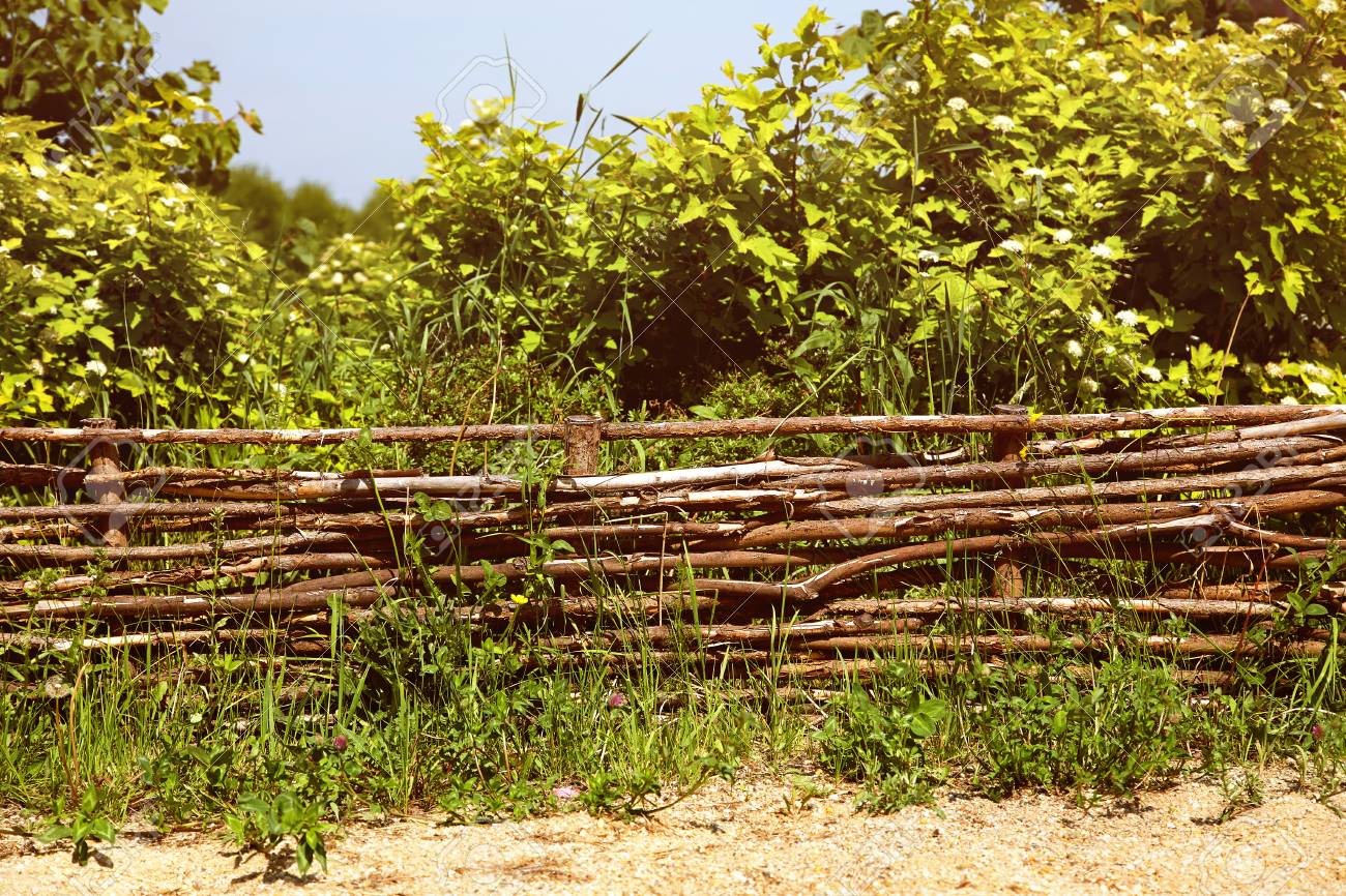 Osier Clôture Rustique Dans Le Jardin D\'été Sur Fond D\'herbe. Banque ... Osier Clôture Rustique Dans Le Jardin D\'été Sur Fond D\'herbe. Banque ...