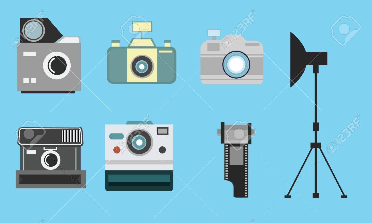 カメラ ビンテージ フラット アイコン設定フィルム ロール写真ストロボ のイラスト素材 ベクタ Image