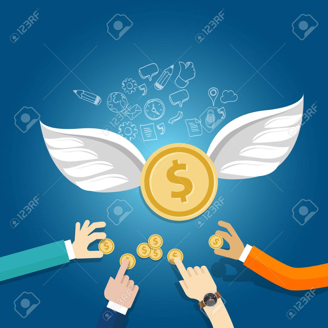 天使投資家のお金基金管理スタートアップ コイン羽飛ぶベクトルのイラスト素材・ベクター Image 67234869