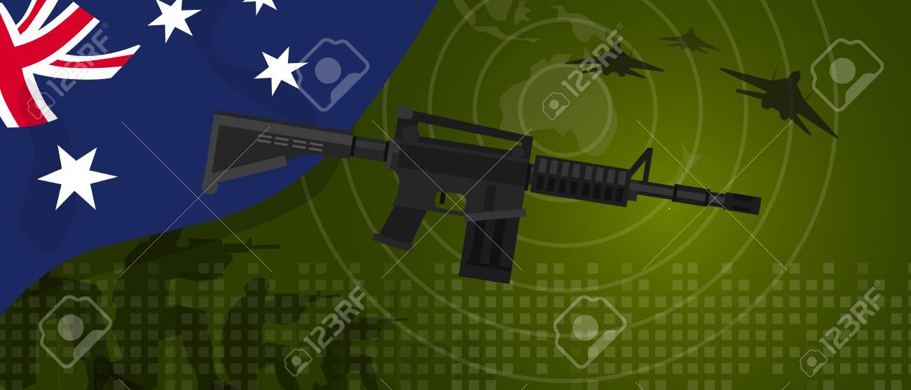 オーストラリアの軍事力の軍は防衛産業戦争と銃兵のジェット戦闘機やレーダーを持つ国国民の祭典を戦います のイラスト素材 ベクタ Image