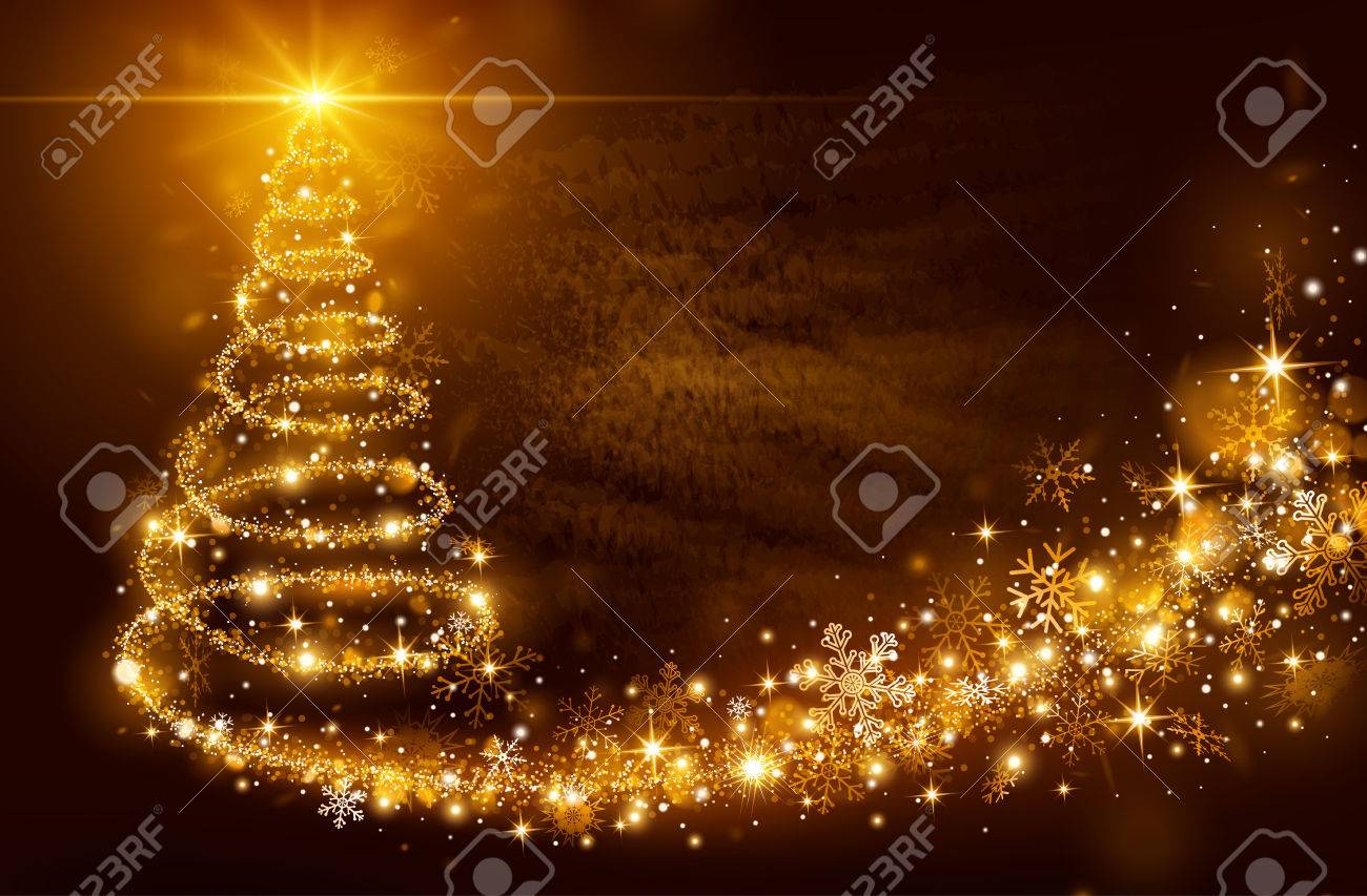 Christmas Magic Tree With Bright Star On Golden Background 免版税剪贴画，向量插图和库存图片.  Image 34264859, image size:1300x853