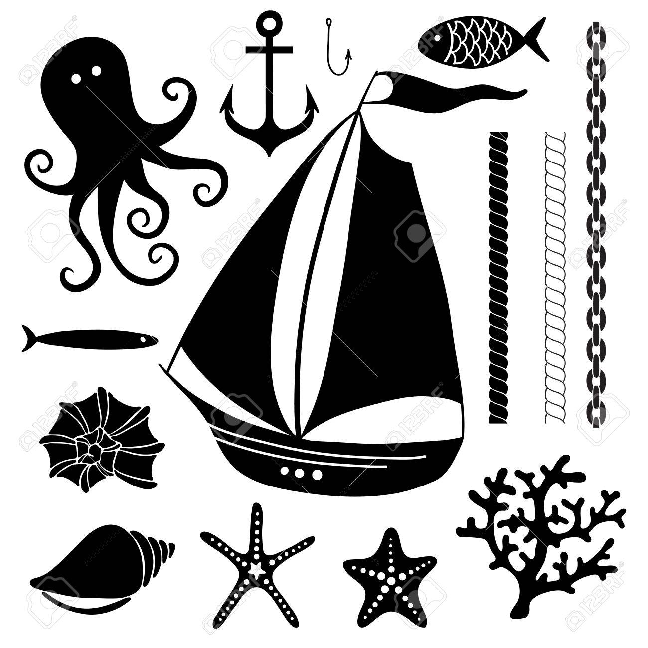 silhouette sea hand drawn set of sea symbols including sailing