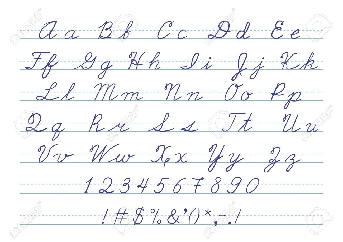 手には 書道の大文字アルファベットと番号が描画されます 筆記体の手紙 ベクトルの図 のイラスト素材 ベクタ Image