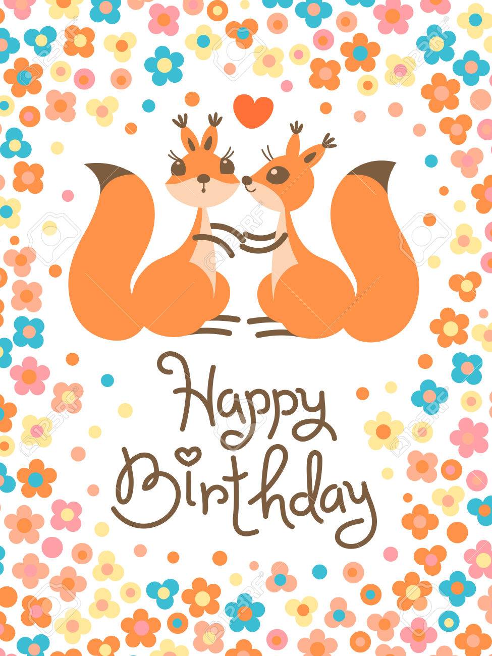 かわいいリスの漫画のスタイルでキスと誕生日カード のイラスト素材 ベクタ Image