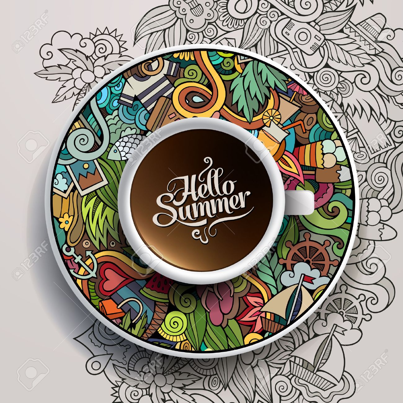 Vector illustration with a Cup of coffee and hand drawn watercolor summer doodles on a saucer and background - 40494142 Vector illustration with a Cup of coffee and hand drawn watercolor summer doodles on a saucer and background - 40494142