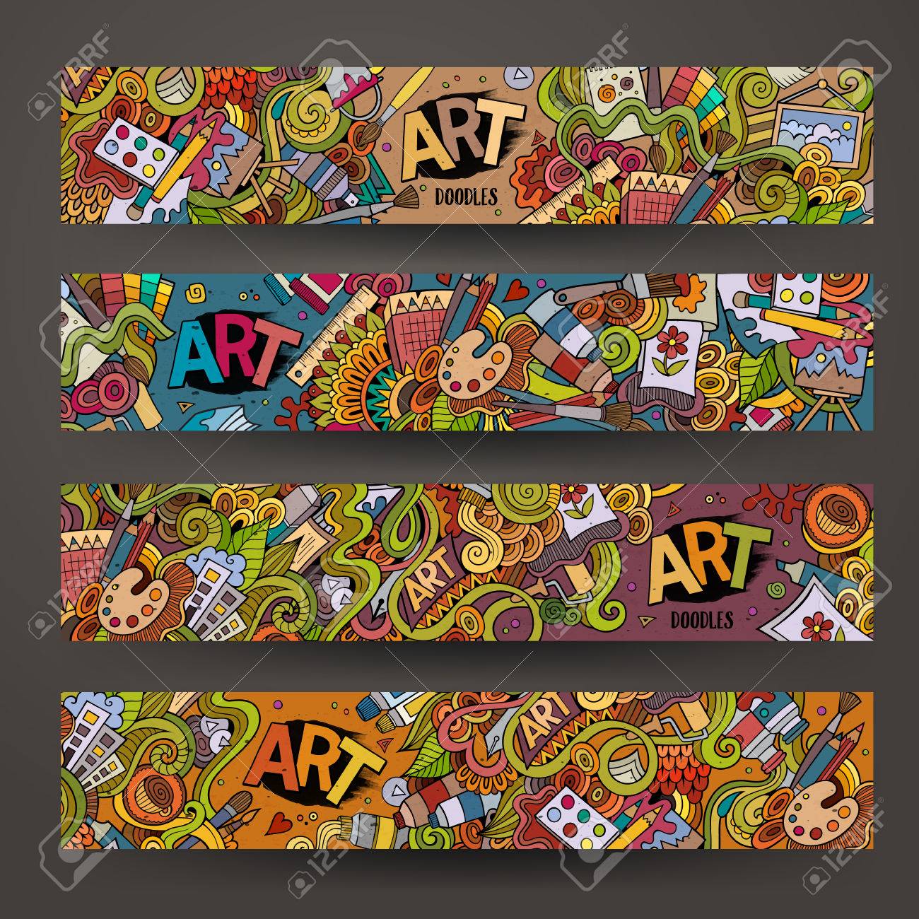 Cartoon hand-drawn Doodle on the subject of art and craft. Horizontal banners design templates set - 43496927 Cartoon hand-drawn Doodle on the subject of art and craft. Horizontal banners design templates set - 43496927