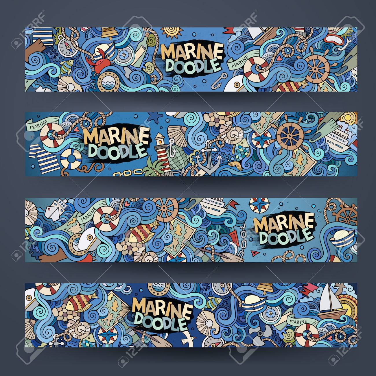 Cartoon hand-drawn Doodle on the subject of nautical marine. Horizontal banners design templates set - 43496958 Cartoon hand-drawn Doodle on the subject of nautical marine. Horizontal banners design templates set - 43496958