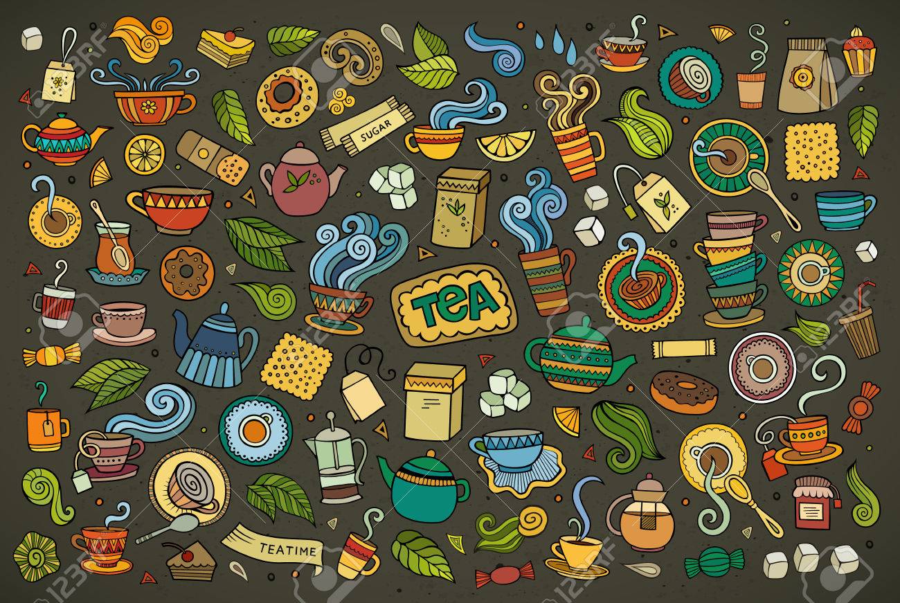 Colorful hand drawn Doodle cartoon set of objects and symbols on the tea time theme - 43496844 Colorful hand drawn Doodle cartoon set of objects and symbols on the tea time theme - 43496844