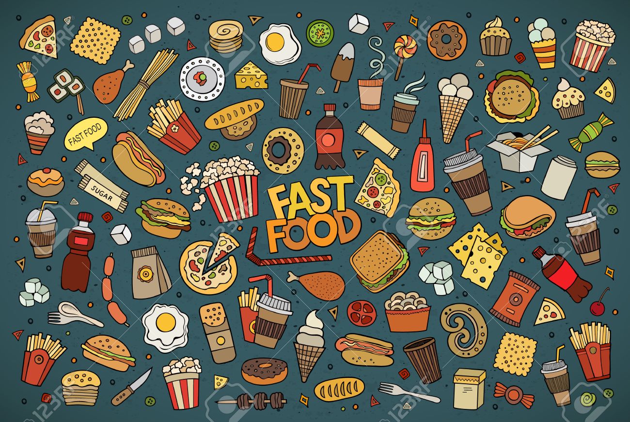 Colorful hand drawn Doodle cartoon set of objects and symbols on the fast food theme - 43496792 Colorful hand drawn Doodle cartoon set of objects and symbols on the fast food theme - 43496792