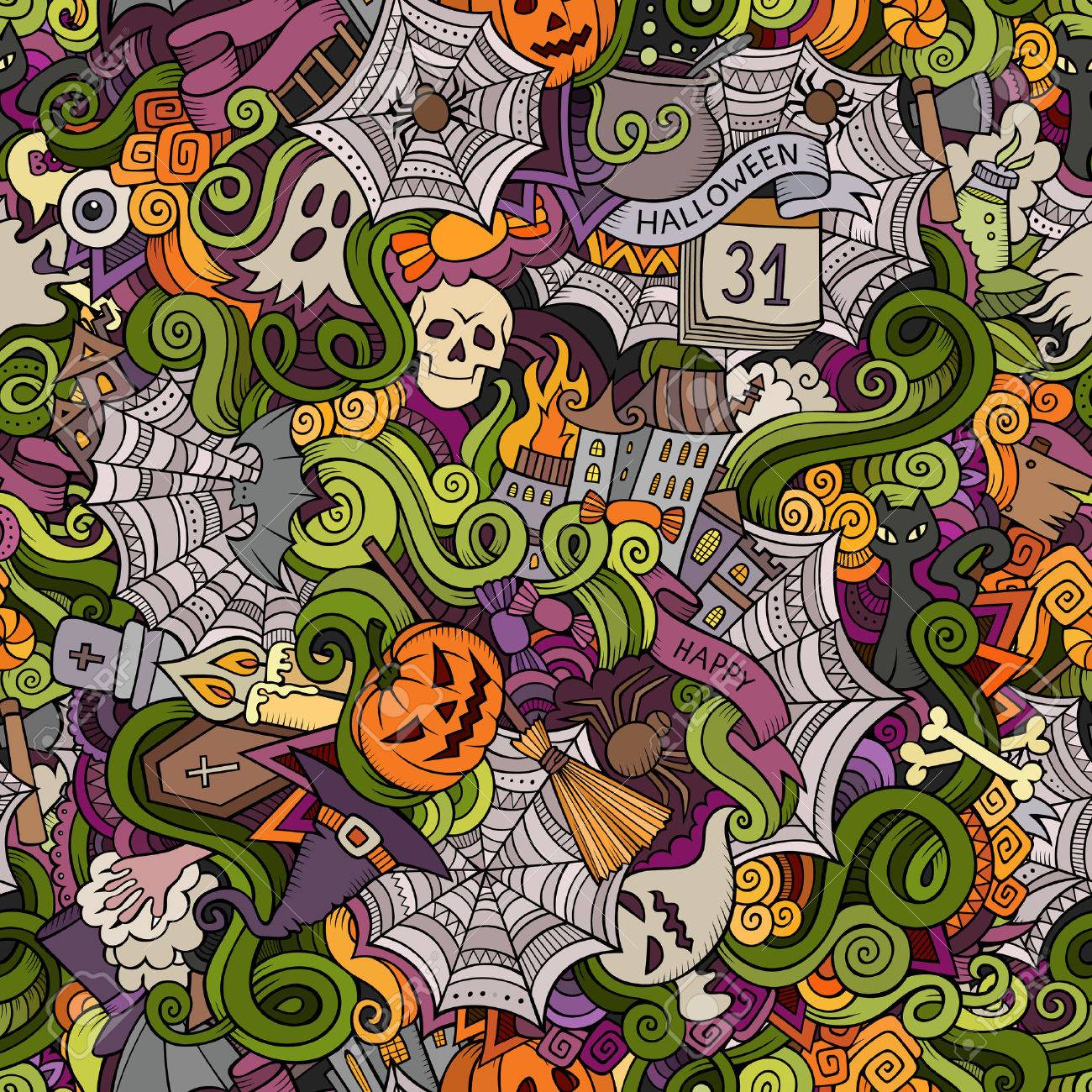 Cartoon vector hand-drawn Doodles on the subject of Halloween symbols, food and drinks seamless pattern. Colorful background - 44866604 Cartoon vector hand-drawn Doodles on the subject of Halloween symbols, food and drinks seamless pattern. Colorful background - 44866604