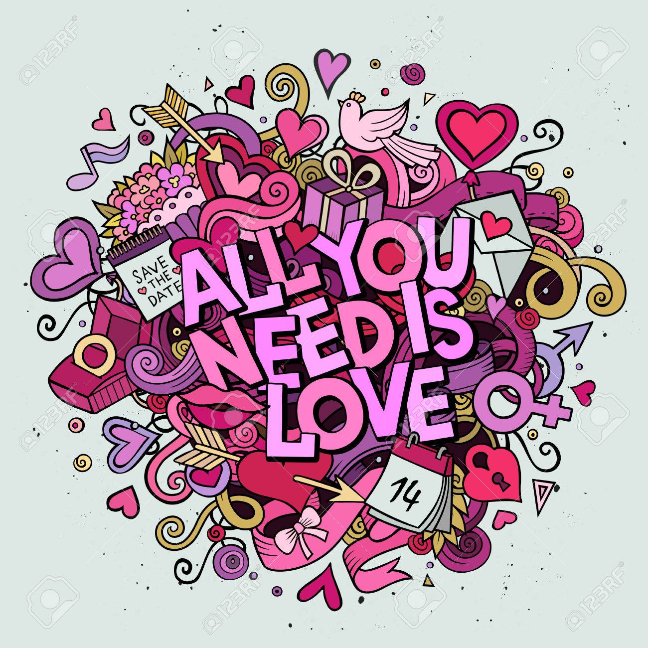 Cartoon vector hand drawn Doodle All You Need is Love illustration. Colorful detailed design background with objects and symbols. All objects are separated - 51045810 Cartoon vector hand drawn Doodle All You Need is Love illustration. Colorful detailed design background with objects and symbols. All objects are separated - 51045810