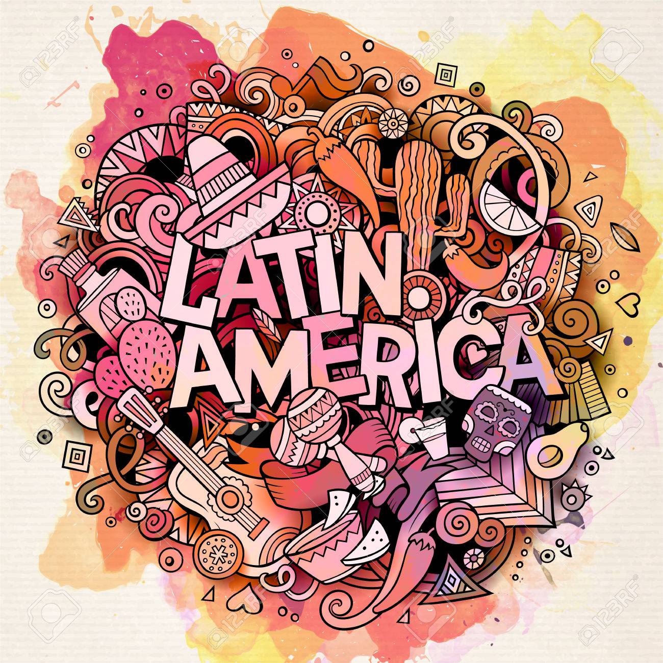 Latin America. Cartoon vector hand drawn Doodle illustration. Watercolor detailed design background with objects and symbols. All objects are separated - 57559124 Latin America. Cartoon vector hand drawn Doodle illustration. Watercolor detailed design background with objects and symbols. All objects are separated - 57559124
