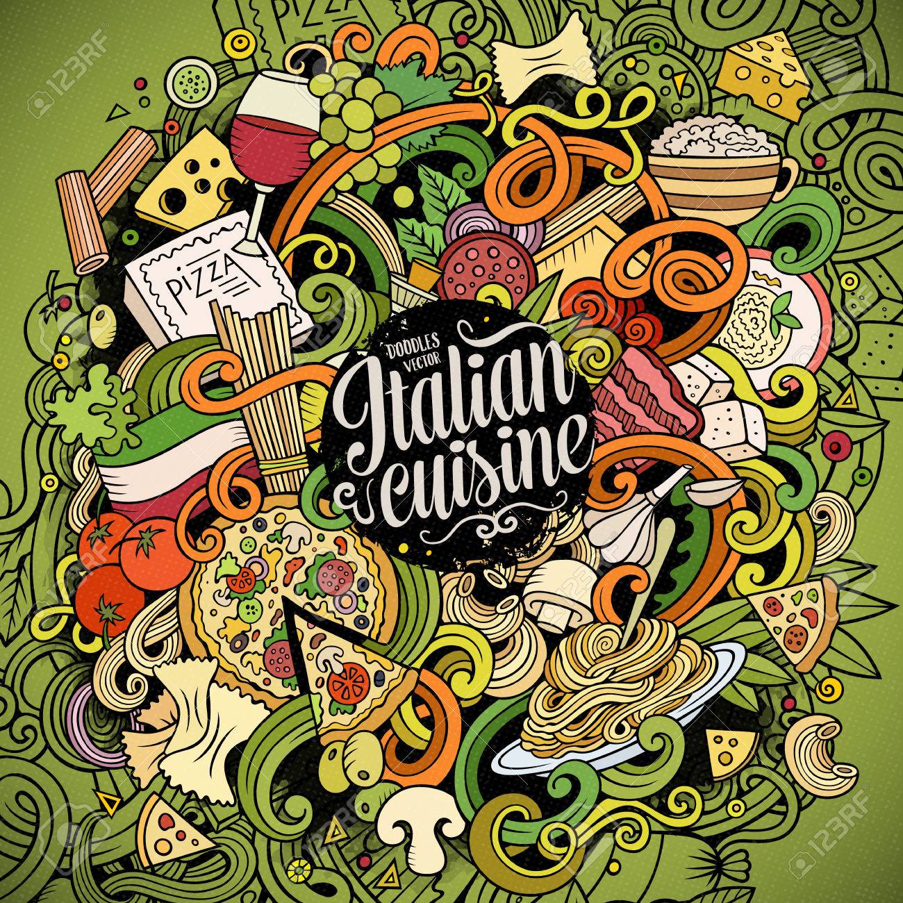 漫画かわいい落書きは手描き下ろしイタリア料理イラストです 詳細は オブジェクトの背景の多くのカラフルな 面白いベクトルのアートワーク イタリア料理テーマ アイテム鮮やかな画像 正方形の組成 のイラスト素材 ベクタ Image 5978