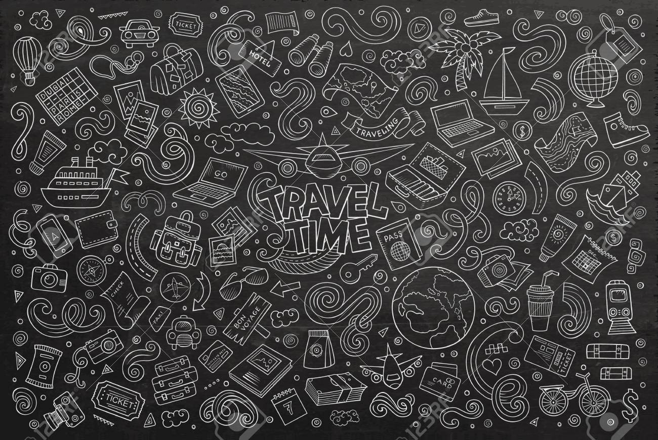 chalkboard vector hand drawn doodle cartoon set of travel planning