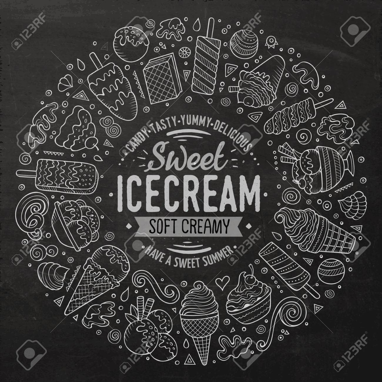 Chalkboard vector hand drawn set of Ice Cream cartoon doodle objects, symbols and items. Round frame composition - 61367144 Chalkboard vector hand drawn set of Ice Cream cartoon doodle objects, symbols and items. Round frame composition - 61367144