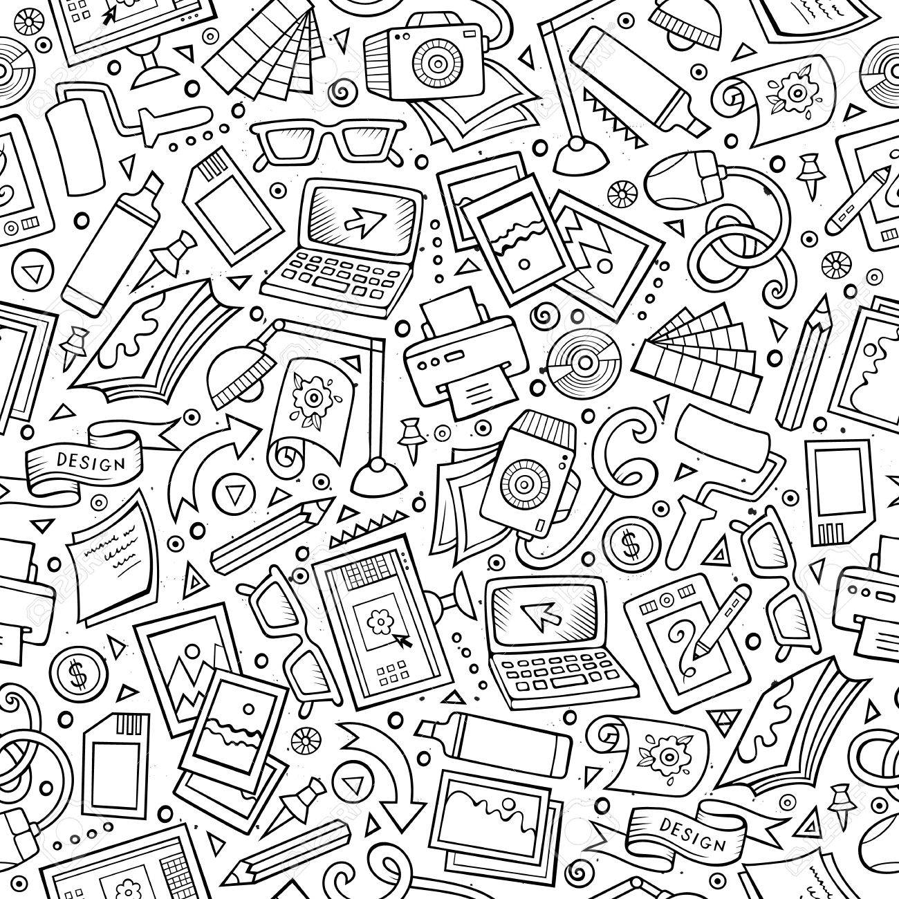 Cartoon cute hand drawn Design seamless pattern. Line art detailed, with lots of objects background. Endless funny vector illustration. Sketchy graphic designer backdrop. - 62017730 Cartoon cute hand drawn Design seamless pattern. Line art detailed, with lots of objects background. Endless funny vector illustration. Sketchy graphic designer backdrop. - 62017730