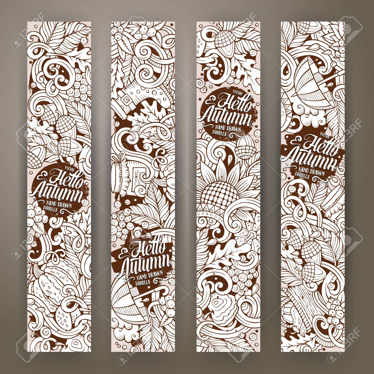 漫画かわいいライン アート ベクトル手描き落書き秋コーポレート アイデンティティ 4 垂直バナーを設計します テンプレート セットのイラスト素材 ベクタ Image