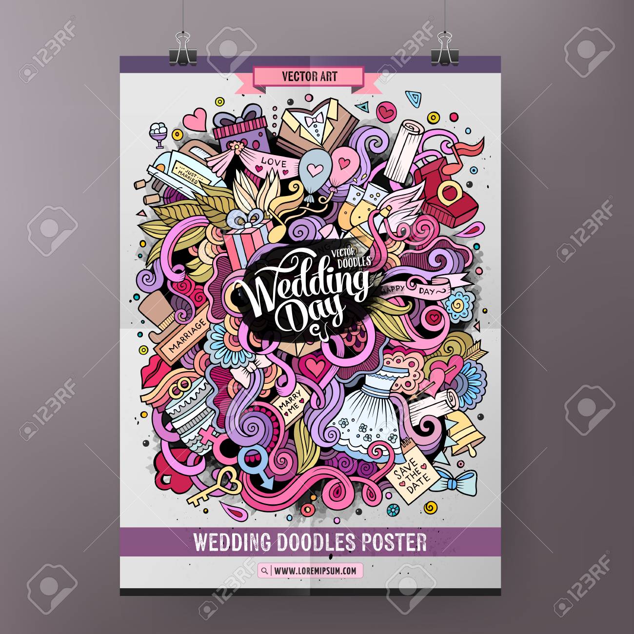 cartoon colorful hand drawn doodles wedding poster template