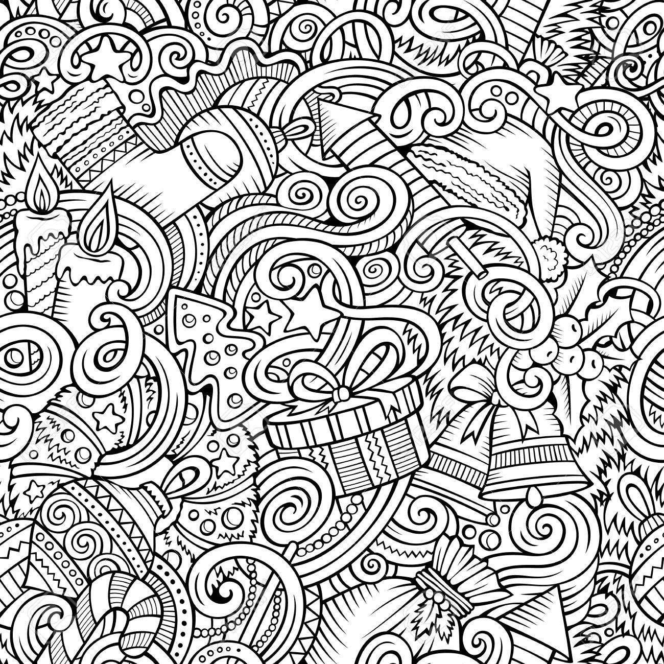 漫画かわいい落書き新年シームレス パターン 詳細は オブジェクトの背景の多くのライン アート 無限のベクター イラスト です クリスマスのシンボルとアイテムの輪郭の背景のイラスト素材 ベクタ Image