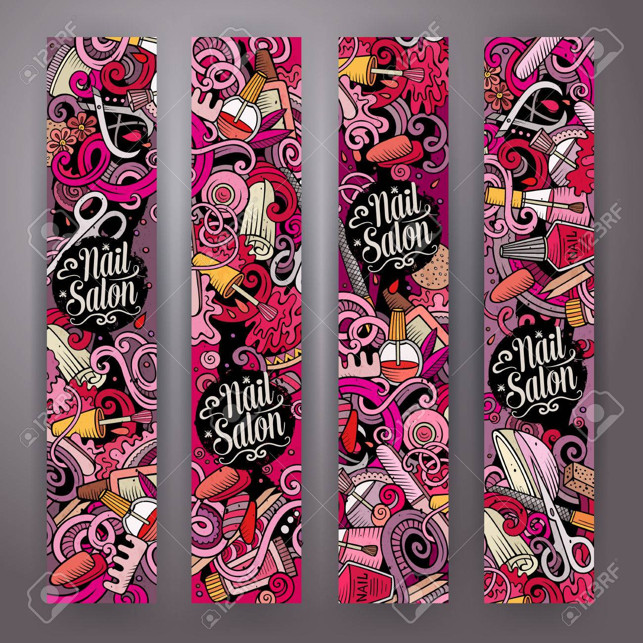 かわいい落書きネイル サロン コーポレート アイデンティティを漫画します 4 垂直バナーを設計します テンプレート セット のイラスト素材 ベクタ Image