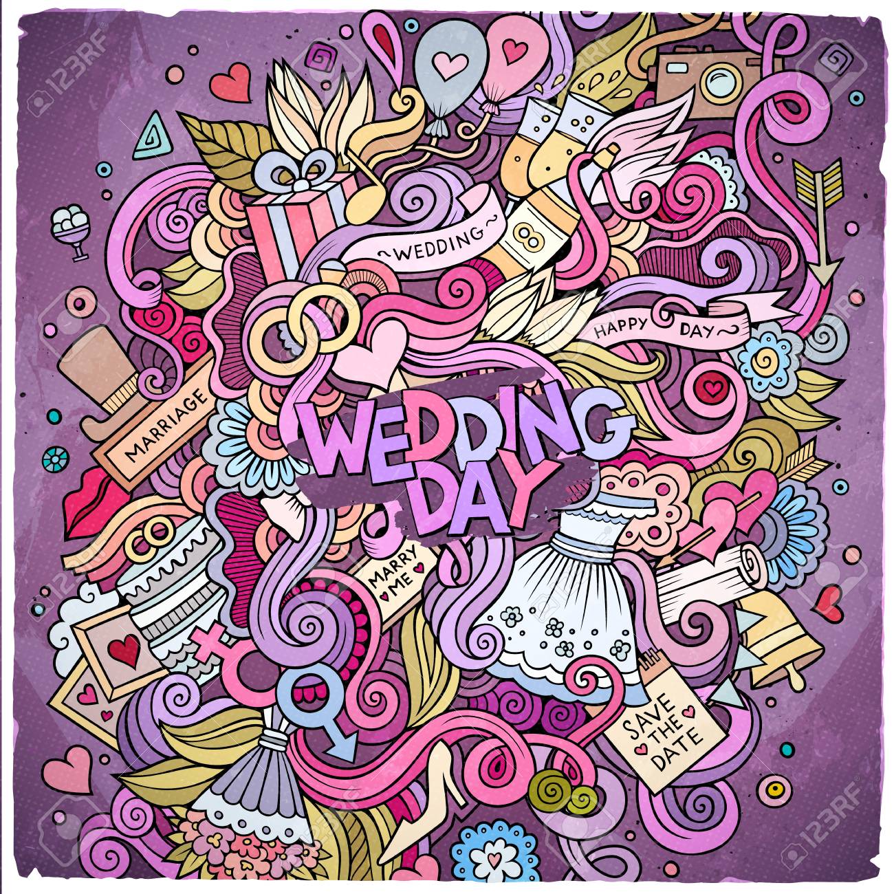 Bright Colors Picture With Love Items Cartoon Cute Doodles Hand Drawn Wedding Illustration Colorful Detailed Lots Of Objects Background