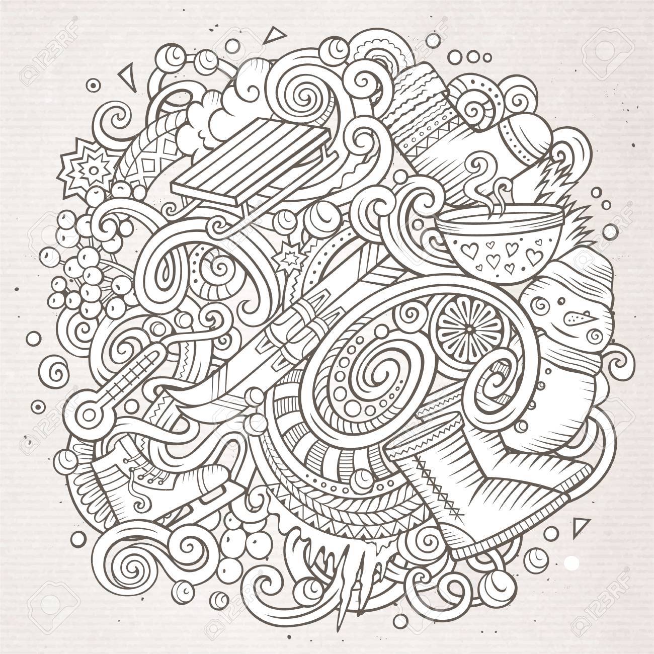 漫画かわいい落書き手描かれた冬の季節のイラストです 詳細は オブジェクトの背景の多くのライン アート 面白いベクトルのアートワークのイラスト素材 ベクタ Image