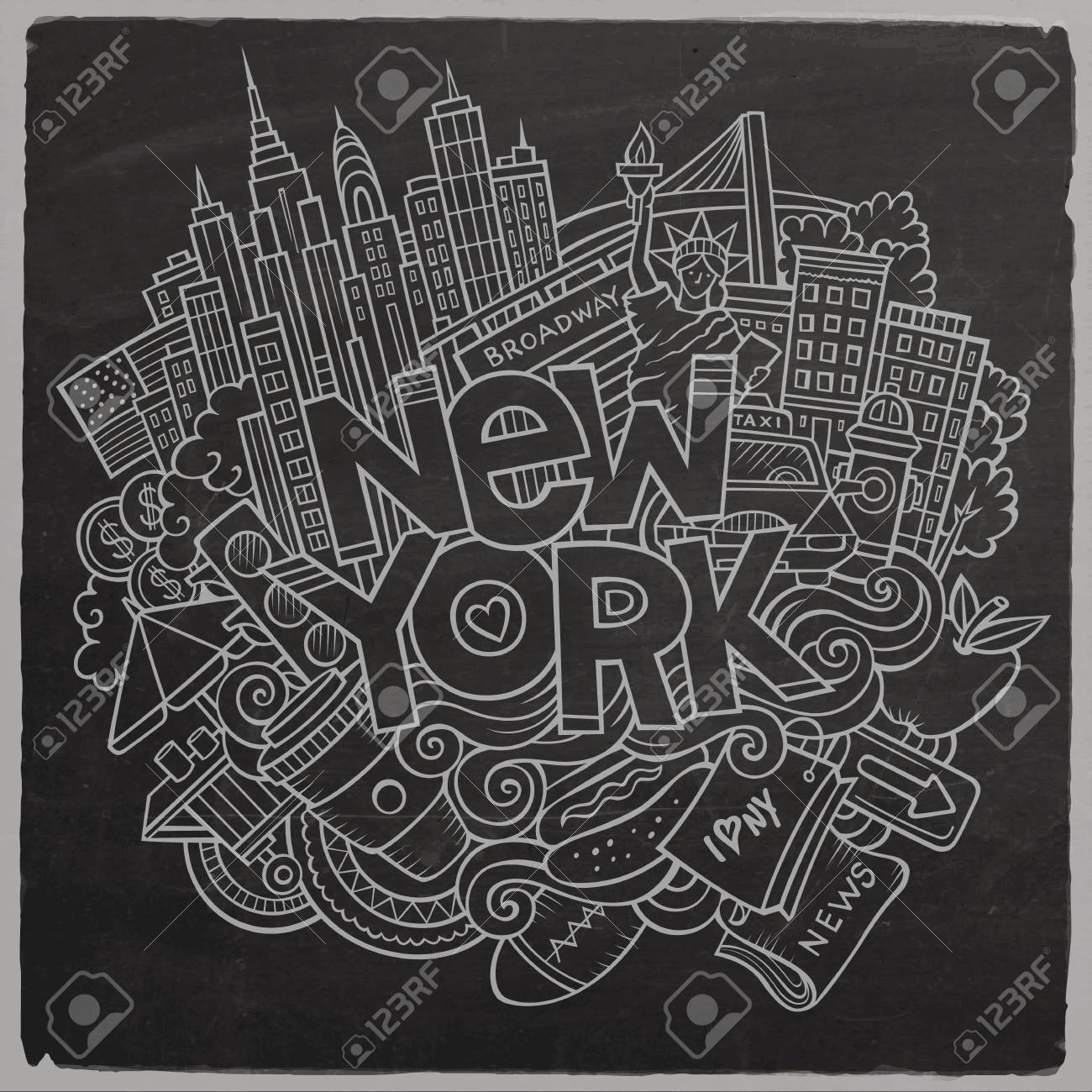 漫画かわいいいたずら書き手の描かれたニューヨークの碑文 アメリカ テーマ アイテムと黒板の図 詳細は オブジェクトの背景の多くのライン アート 面白いベクトルのアートワーク の写真素材 画像素材 Image