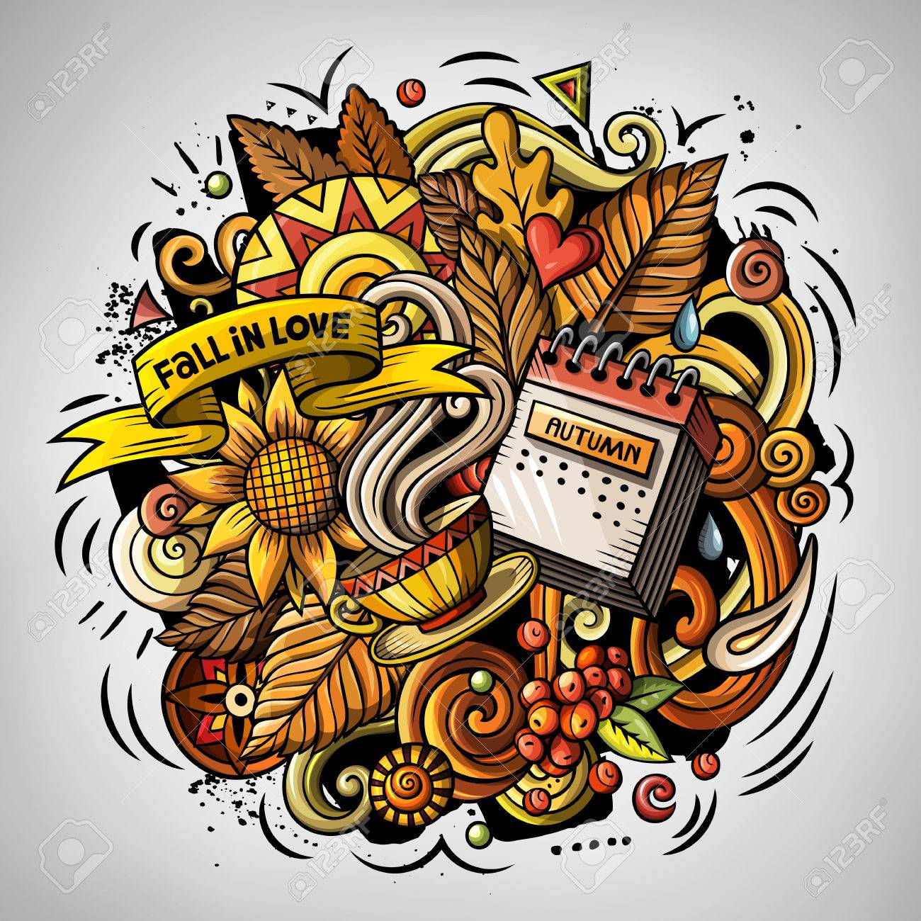 Bright Colors Fall Funny Picture Cartoon Vector Doodles Autumn Illustration Colorful Detailed With Lots Of Objects Background All