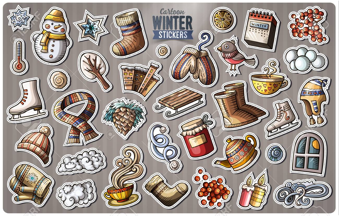 set of winter season cartoon stickers royalty free cliparts vectors