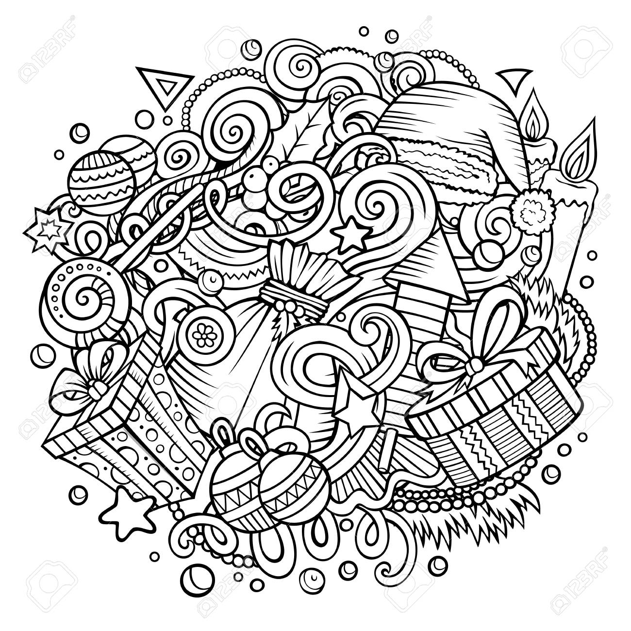 漫画ベクトル落書き新年のイラスト 線画 詳細 オブジェクトの背景の多くを持つ すべてのオブジェクトが分離されます クリスマス面白いアートワークのイラスト素材 ベクタ Image 90846158