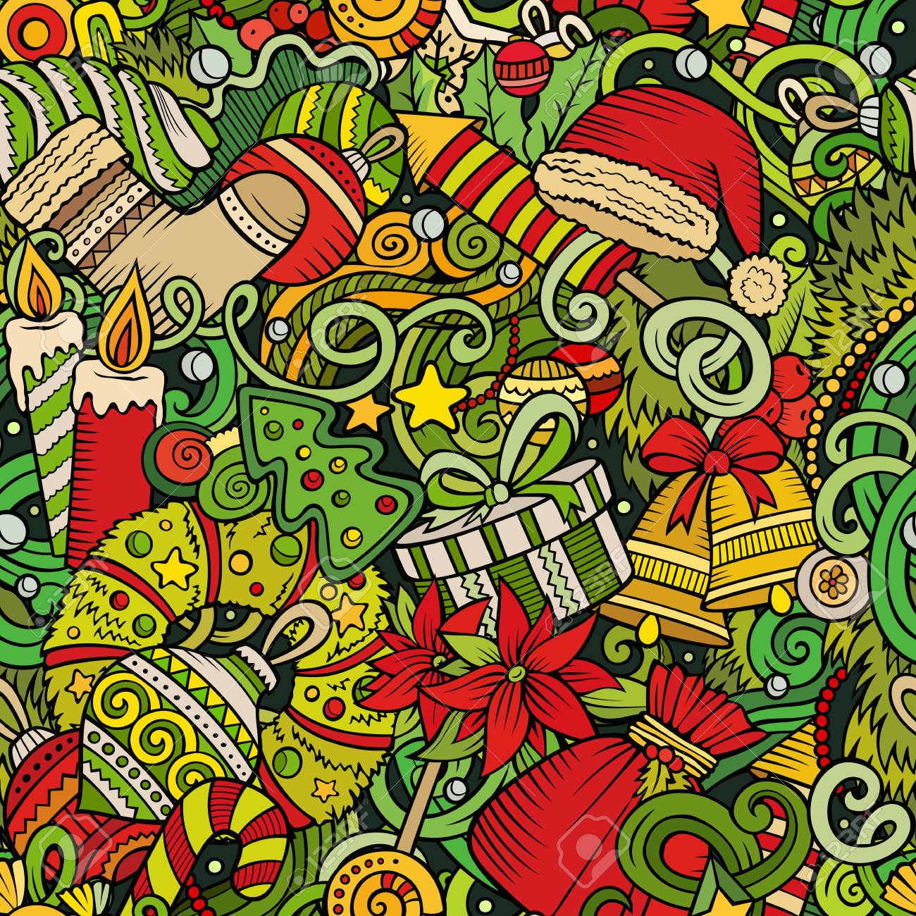 Desenhos Animados Coloridos Bonitos Doodles Itens De Ano Novo Em Plano De Fundo Padrão Sem Emenda Ilustraciones svg, vectoriales, clip art vectorizado libre de derechos. Image 91182397