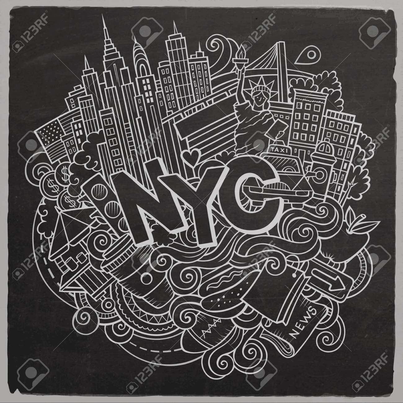 Dessin Animé Mignon Doodles Inscription De New York Dessinée à La Main Illustration De Tableau Avec Des éléments De Thème Américain Dessin Au Trait