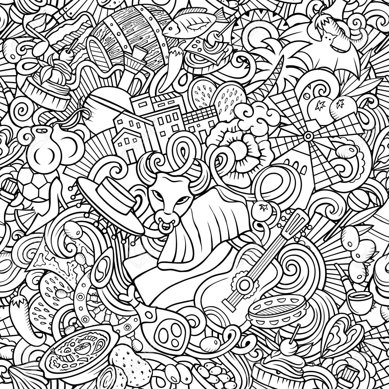Cartoon doodles Spain seamless pattern. Backdrop with Spanish culture items - 167833194 Cartoon doodles Spain seamless pattern. Backdrop with Spanish culture items - 167833194