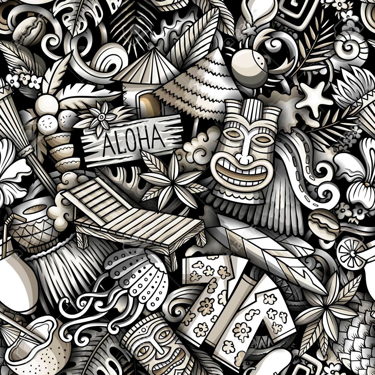 Cartoon doodles Hawaii seamless pattern. Backdrop with Hawaiian culture symbols and items. Monochrome detailed, with lots of objects background for print on fabric, textile, phone cases, wrapping paper. - 167836390 Cartoon doodles Hawaii seamless pattern. Backdrop with Hawaiian culture symbols and items. Monochrome detailed, with lots of objects background for print on fabric, textile, phone cases, wrapping paper. - 167836390