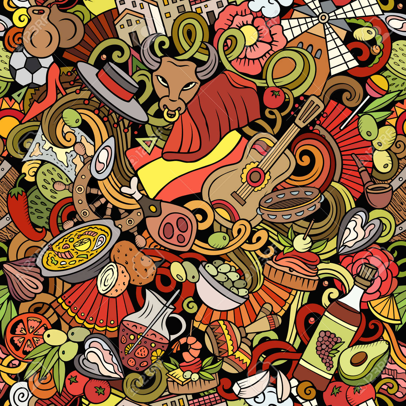 Cartoon doodles Spain seamless pattern. Backdrop with Spanish culture symbols and items. Colorful detailed, with lots of objects background for print on fabric, textile, phone cases, wrapping paper. - 167836514 Cartoon doodles Spain seamless pattern. Backdrop with Spanish culture symbols and items. Colorful detailed, with lots of objects background for print on fabric, textile, phone cases, wrapping paper. - 167836514